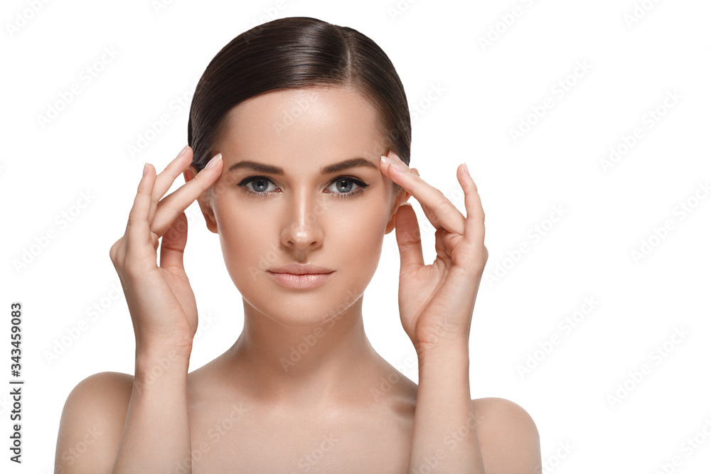 Beauty female face close up natural fashion make up plastic surgery isolated on white Beauty female face close up natural fashion make up plastic surgery isolated on white