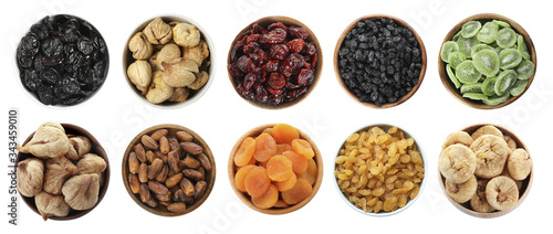 Fototapeta Naklejka Na Ścianę i Meble -  Set of different dry fruits on white background, top view. Banner design