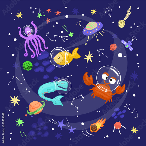 Animals travel in space  underwater world in outer space. Doodle in cartoon style  Vector for design t-shirts  cards and posters. Humor concept. Children textile.