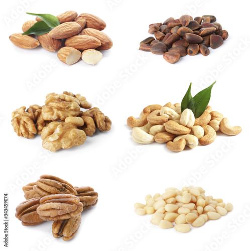Set of different nuts on white background