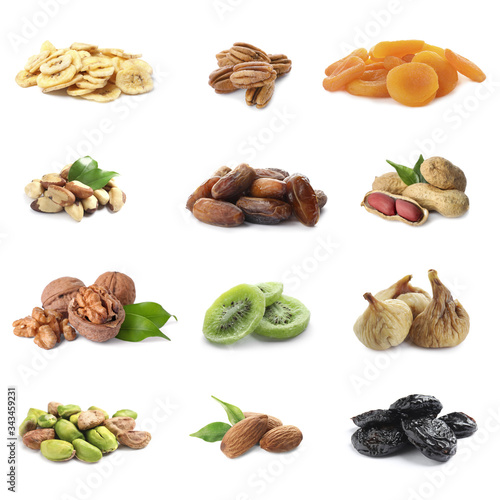 Set of different dry fruits and nuts on white background