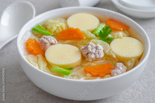 Clear soup with egg tofu and minced pork, Thai food