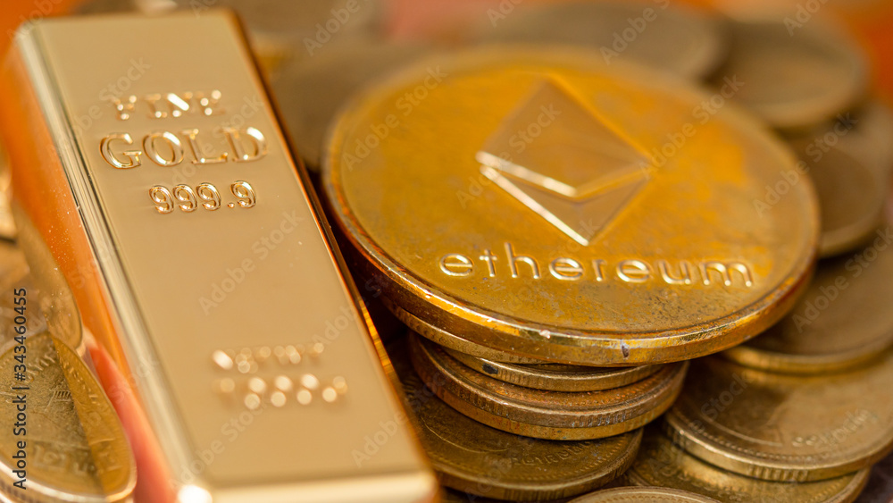 Ethereum (ETH) coin and gold bar Placed on pile of money. Concept Investors will accumulate gold or digital money. Ethereum (ETH) coin and gold bar Placed on pile of money. Concept Investors will accumulate gold or digital money.