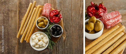 Collage of breadsticks with antipasto ingredients on round boards on wooden background, panoramic shot