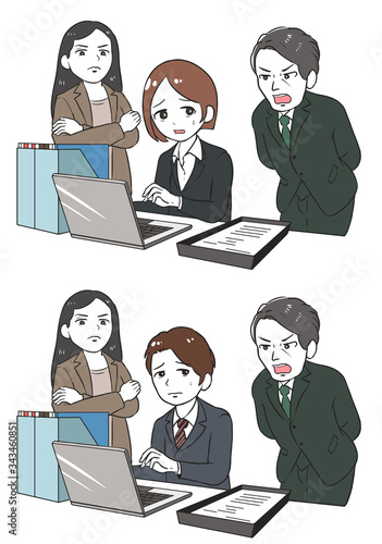 2人の上司に叱責され怯える部下