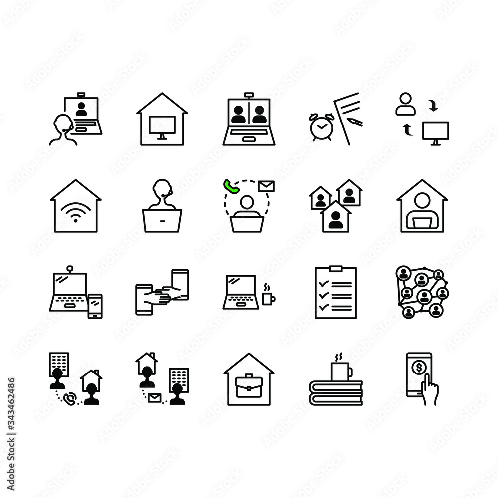 Teleworking , working from home, work remote vector icon set. Vector illustration included icon as freelance worker with laptop, workspace, pc monitor. Stay safe at home and working. Editable Stroke. Teleworking , working from home, work remote vector icon set. Vector illustration included icon as freelance worker with laptop, workspace, pc monitor. Stay safe at home and working. Editable Stroke.