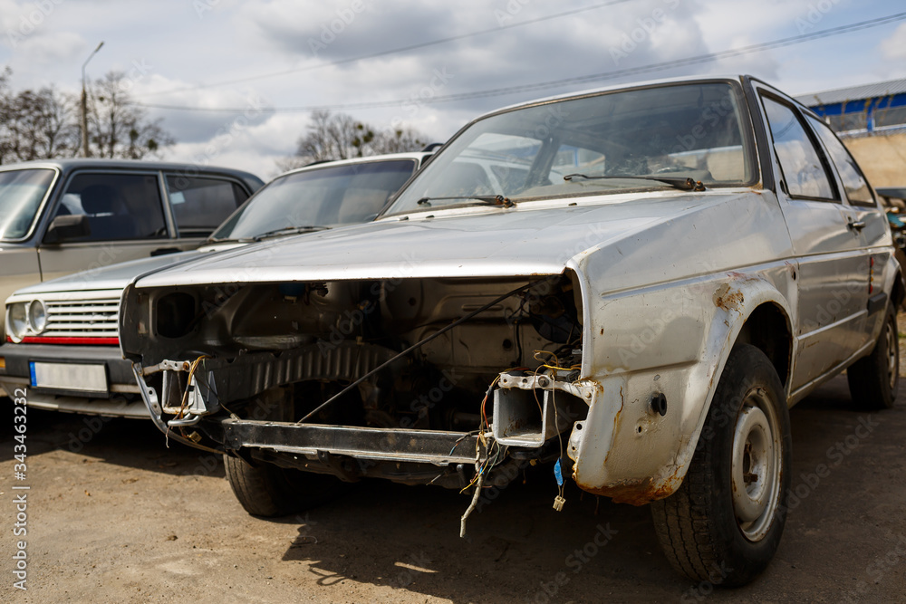 old car, rusty broken body, abandoned parking