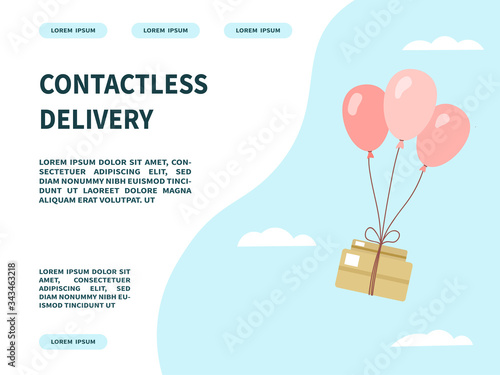 Landing page of the site for the delivery service of the online store. Contactless online delivery. Safety during coronovirus. The box is delivered by pink balloons. Vector