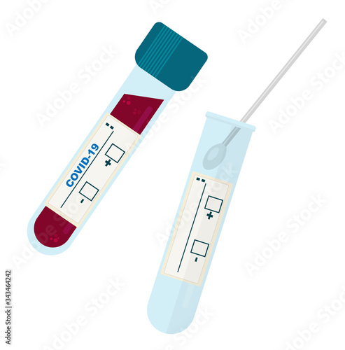 types of tests for coronavirus. vector illustration test tube with blood and cotton swab with saliva. laboratory research covid-19