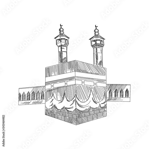 Holy Kaaba in Mecca Saudi Arabia with muslim people, vintage engraved illustration, hand drawn, sketch