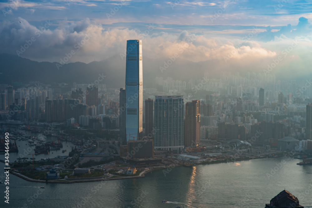 Fototapeta premium Hong Kong - April 25, 2020: Panorama of Victoria Harbor of Hong Kong city, cityscape with skyscraper