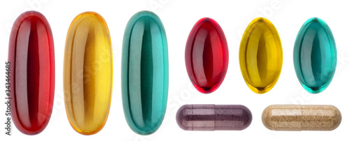 Multicolored medical pills  capsules and vitamins isolated on a white background. Medical Drugs Pills and oil Capsules. Healthy lifestyle  medical  healthcare  pharmaceuticals and chemistry concept.
