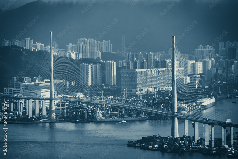 Hong Kong - April 25, 2020: Panorama of Victoria Harbor of Hong Kong city, cityscape with skyscraper