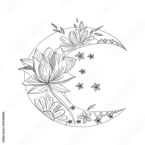 Crescent Moon with flowers. Hand drawn outline vector sketch illustration