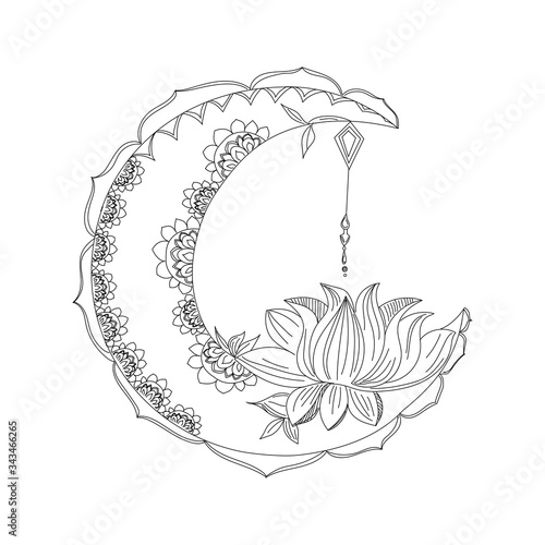 Crescent Moon with flowers. Hand drawn outline vector sketch illustration