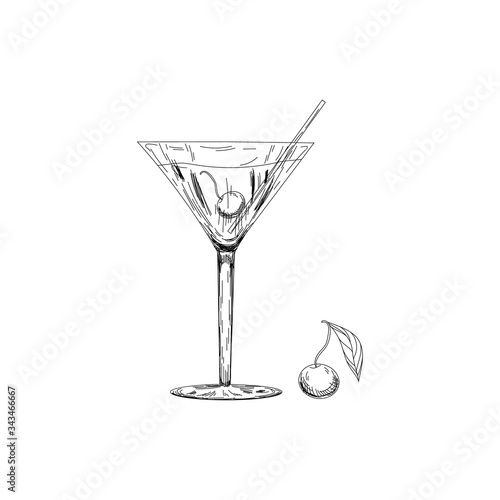 Manhattan cocktail, vector sketch hand drawn illustration, fresh summer alcoholic drink with cherry