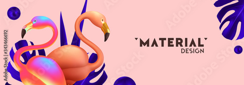 Summer background. Realistic 3d couple pink flamingo, group of birds, lush palm leaves. Summer design minimal poster, banner. header for website, brochure, flyer, space for text. Vector illustration