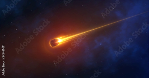 Realistic comet, meteorite, an asteroid in motion burns against the background of outer space. 3d object vector illustration. Bullet burns with fire photo