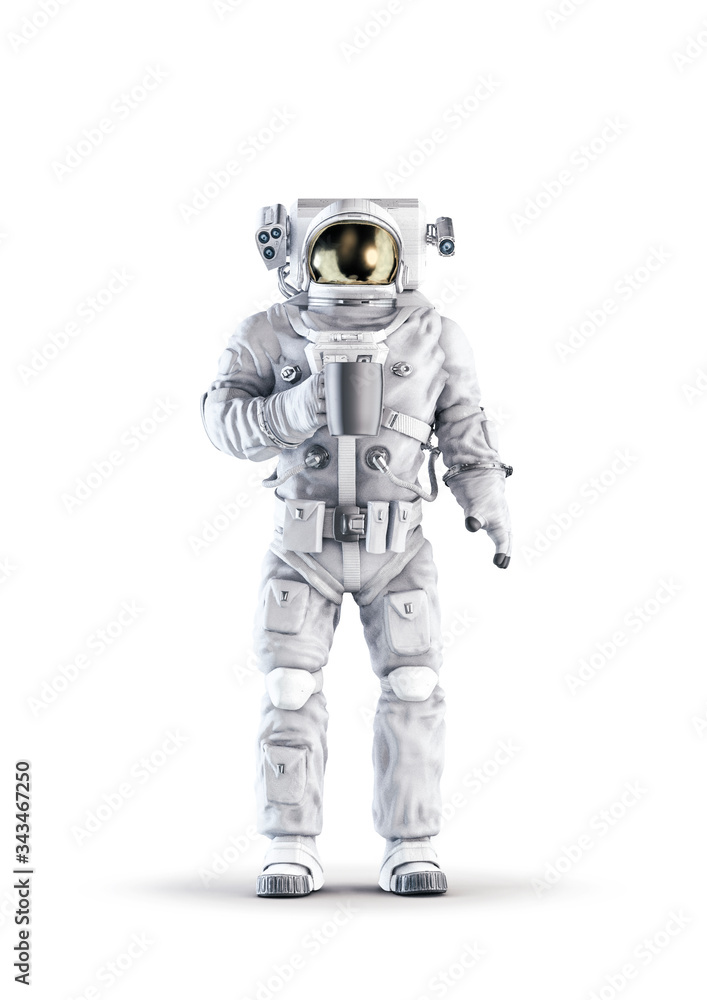 Astronaut with coffee / 3D illustration of space suit wearing male figure holding cup of coffee isolated on white studio background