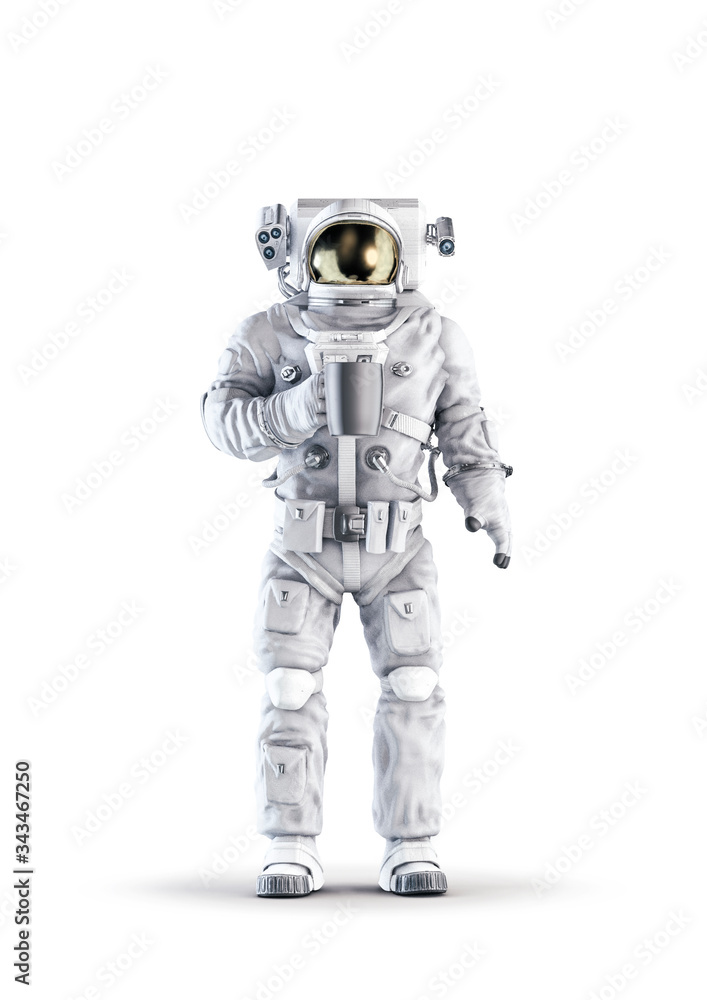 Astronaut with coffee / 3D illustration of space suit wearing male figure holding cup of coffee isolated on white studio background Astronaut with coffee / 3D illustration of space suit wearing male figure holding cup of coffee isolated on white studio background