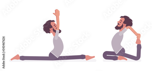 Man in yogi sport wear practicing yoga, Monkey God, Splits, Hanumanasana pose and One Legged King Pigeon, Eka Pada Rajakapotasana exercise for healthy workout. Vector flat style cartoon illustration