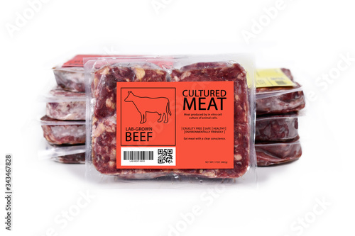 Cultured meat concept for artificial in lab grown vitro cell culture beef meat production with frozen packed raw meat with label on white background photo