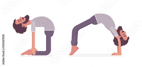 Man in yogi sports wear practicing yoga, doing Ustrasana, Camel pose, Bridge, Urdhva Dhanurasana exercise, handsome guy training for healthy habit workout. Vector flat style cartoon illustration