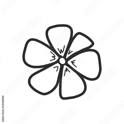 Coloring flower on an isolated white background. Silhouette black and white clip art. Doodle style, contour, childish hand-drawn. Print on fabric, wallpaper, icons for children. Vector illustration.