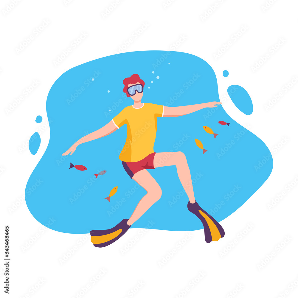 Male Diver Swimming under the Water with Small Fishes, Man Exploring Underwater Marine Life, Extreme Hobby, Sport Flat Vector Illustration
