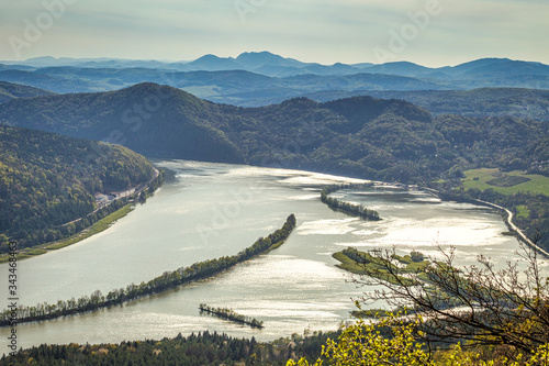 View of the Nosice dam on the Vah river from the Klapy hill near Povazska Bystrica town in northwestern Slovakia, Europe. photo