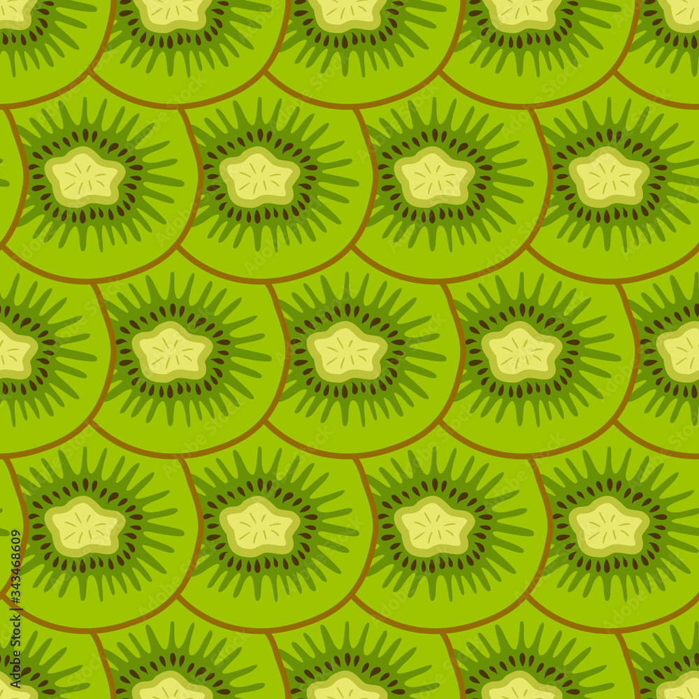 Fototapeta premium Seamless pattern with sliced pieces of kiwi. Colorful background tropical fruits. Flat vector illustration. Ideas for modern designs of backgrounds, greeting cards, print, packaging, textile, etc.