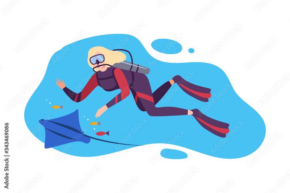 Girl in Scuba Diving Suit Swimming with Fishes under the Sea, Professional Diver Exploring the Underwater World Flat Vector Illustration