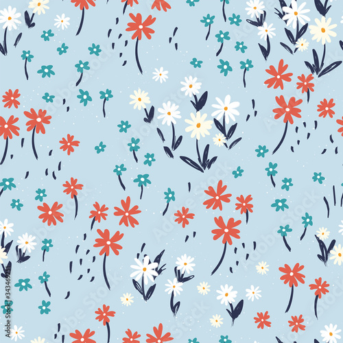 Hand drawn ditsy flower field seamless pattern, cute floral background, great for textiles, banners, wallpapers - vector design