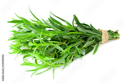 Bunch of tarragon leaves isolated on white background. Artemisia dracunculus