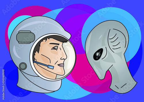 An astronaut and an alien look at each other. Astronaut helmets. Portraits of an astronaut and an alien. Abstract colorful background. Crimson, light-blue, lilac and violet colors.