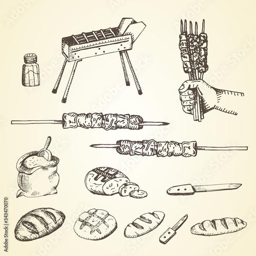 arrosticini set hand drawnbread, knife, salt, hand