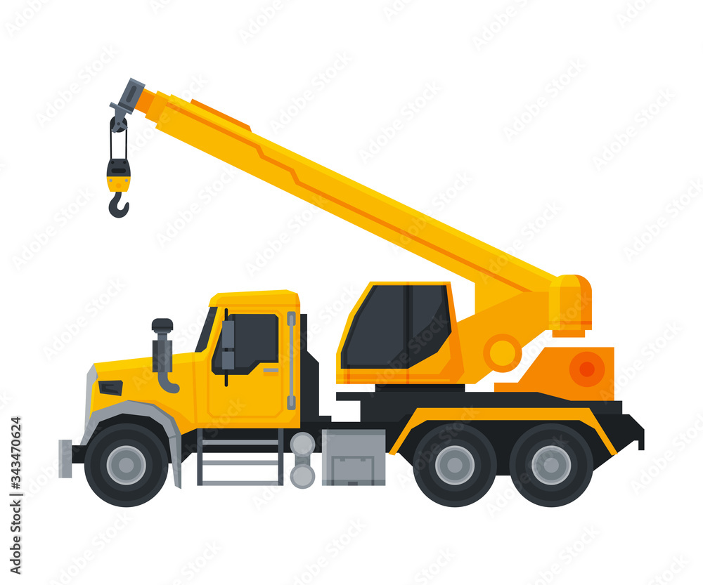 Crane Truck, Construction Machinery, Heavy Special Transport Flat Vector Illustration