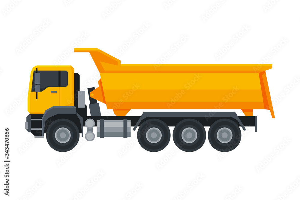 Truck Construction Machinery, Heavy Special Transport, Side View Flat Vector Illustration