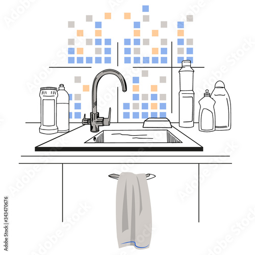 Kitchen sink with different bottles for cleaning and soap. Hand towel and simple tile decor. Clean and purity concept. Interior sketch. Kitchen style and magazine poster illustration. Vector.
