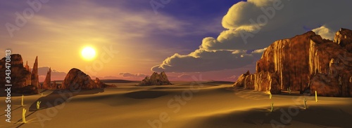 Sand desert with stone cliffs and cacti at sunset, 3D rendering