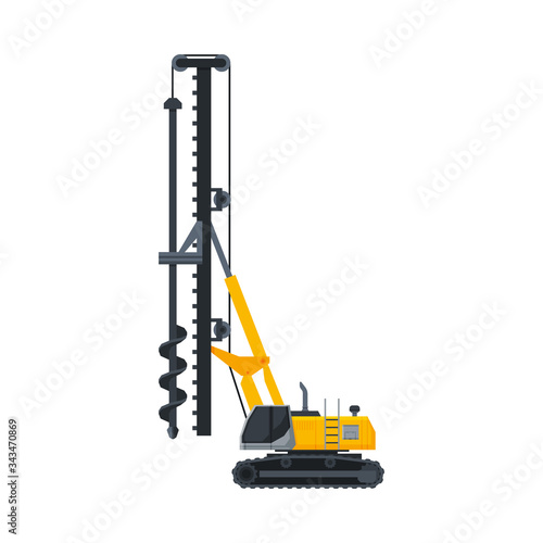 Drilling Truck Construction Machinery, Heavy Special Transport, Side View Flat Vector Illustration
