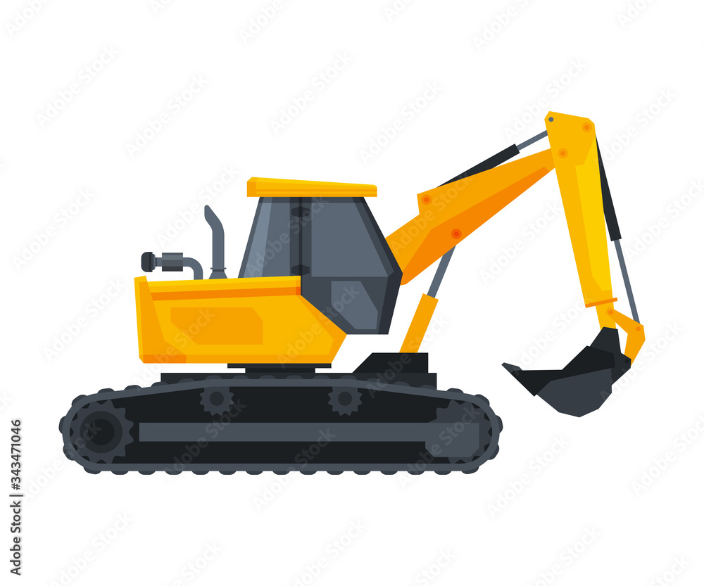 Bulldozer Construction Machinery, Heavy Special Transport, Side View Flat Vector Illustration