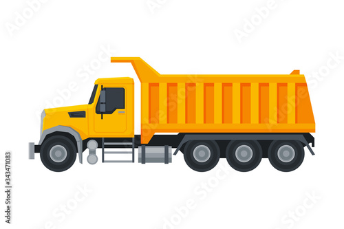 Heavy Truck Construction Machine, Special Transport, Side View Flat Vector Illustration