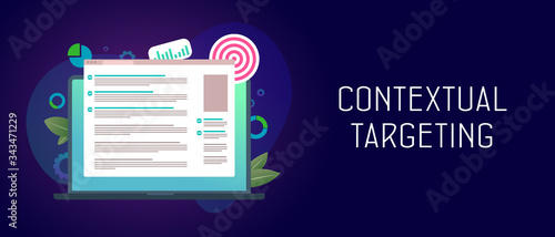 Contextual Targeting, ppc online advertising concept. Marketing context campaign with laptop ads and graph, arrow and profit icons. Concept of analytics, strategy, profit growth and successful result.