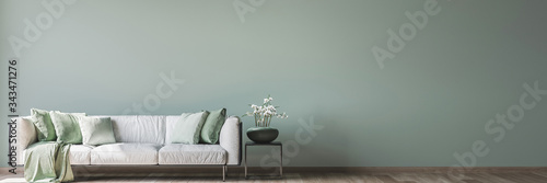 living room interior mock up, modern furniture and trendy home accessories, on colored background, panorama