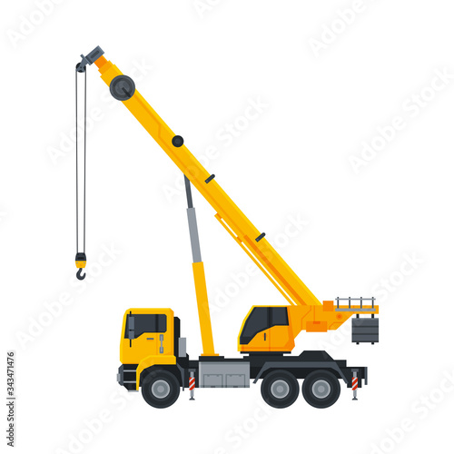 Construction Crane, Heavy Special Transport, Side View Flat Vector Illustration