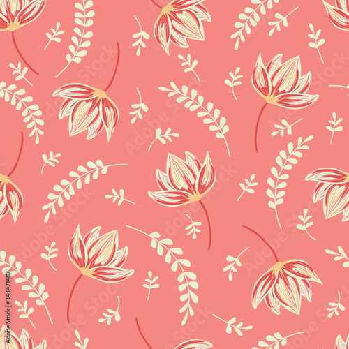Vector seamless pattern with leaves and flowers on scarlet background. Floral illustration for textile, print, wallpapers, wrapping.