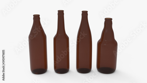 Brown soda bottles. Beer bottles. Isolated on white. Clipping path. 3D Rendering.
