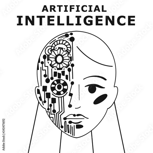 Head of robot with half of female human. Future technology and machine concept. Artificial Intelligence. Smart cyber mind education. Electronic circuit connection. Isolated outlined vector. 