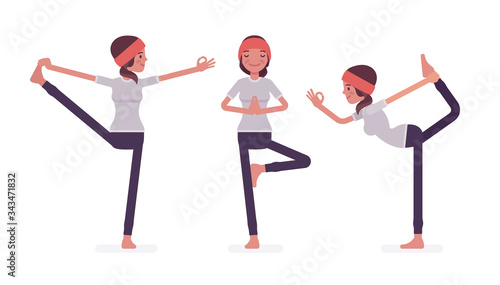Woman in yogi sports wear practicing yoga, Utthita Hasta Padangustasana, Extended Hand to Big Toe exercise, Natarajasana, Lord of Dance and Vrksasana, Tree pose. Vector flat style cartoon illustration